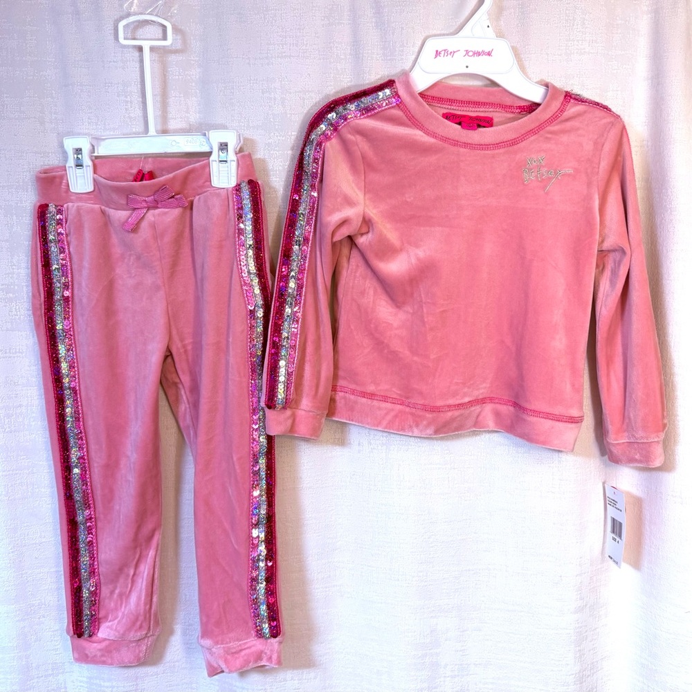 Betsey Johnson NWT Size 4 Child Pink Velour Sequined Pants & Top Set - Picture 1 of 5